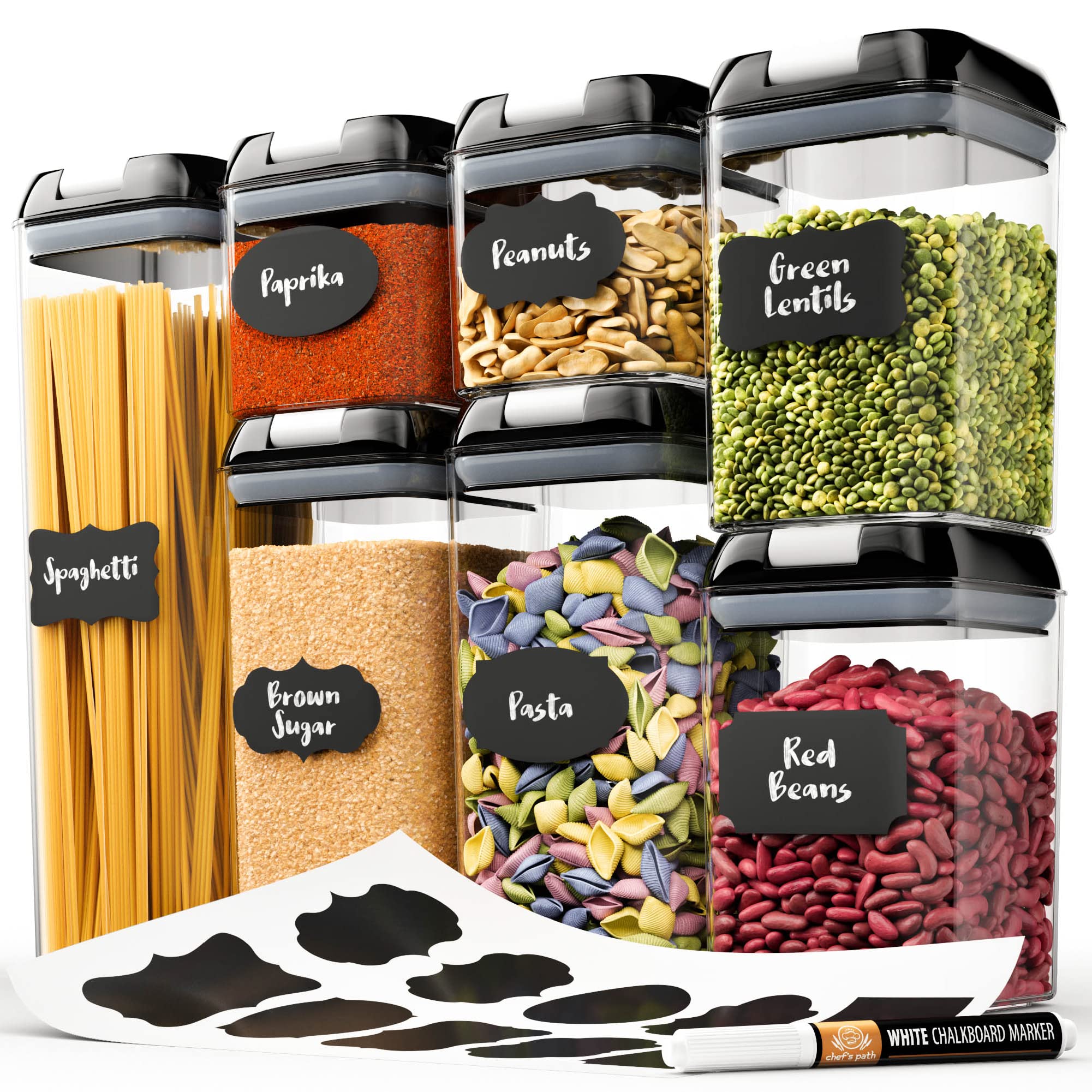 Chef's Path 7-piece airtight container set on a counter keeps ingredients organized.