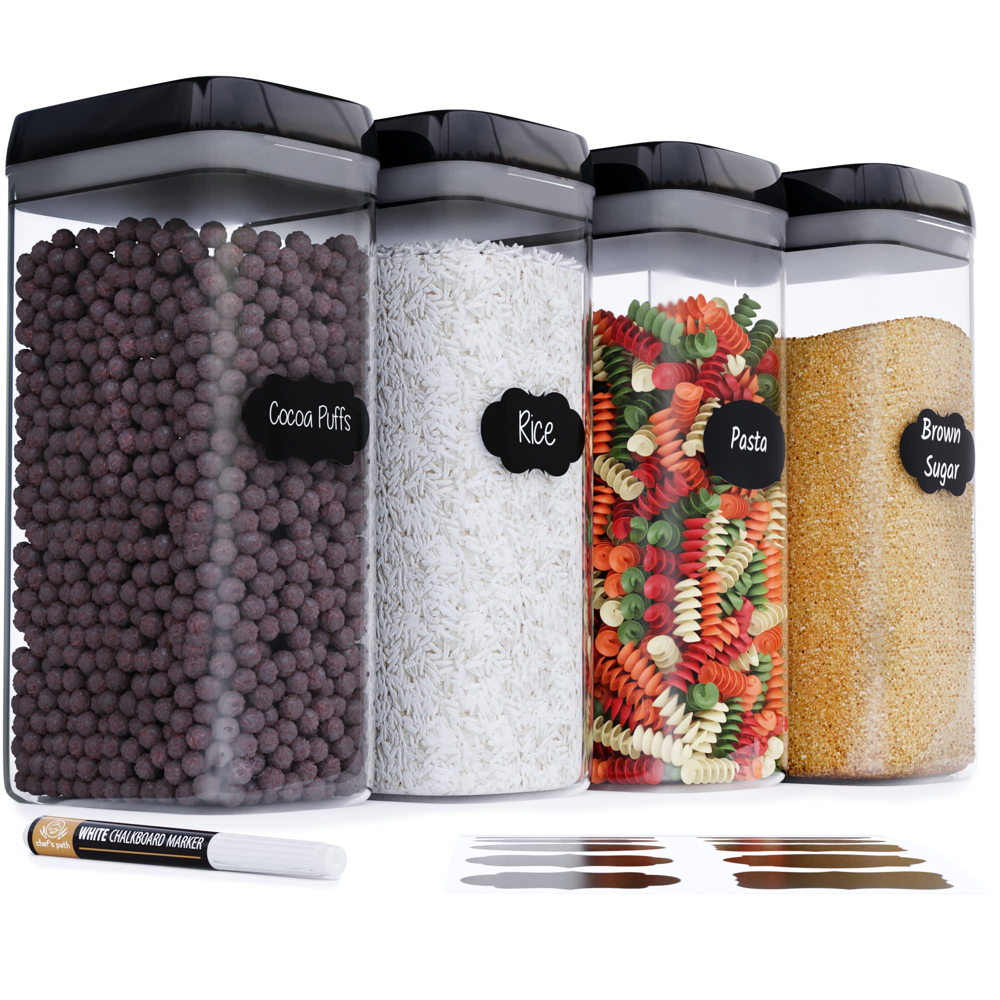 Chef's Path airtight containers, a 4-pack, 3.2L each, keep pantry contents organized.