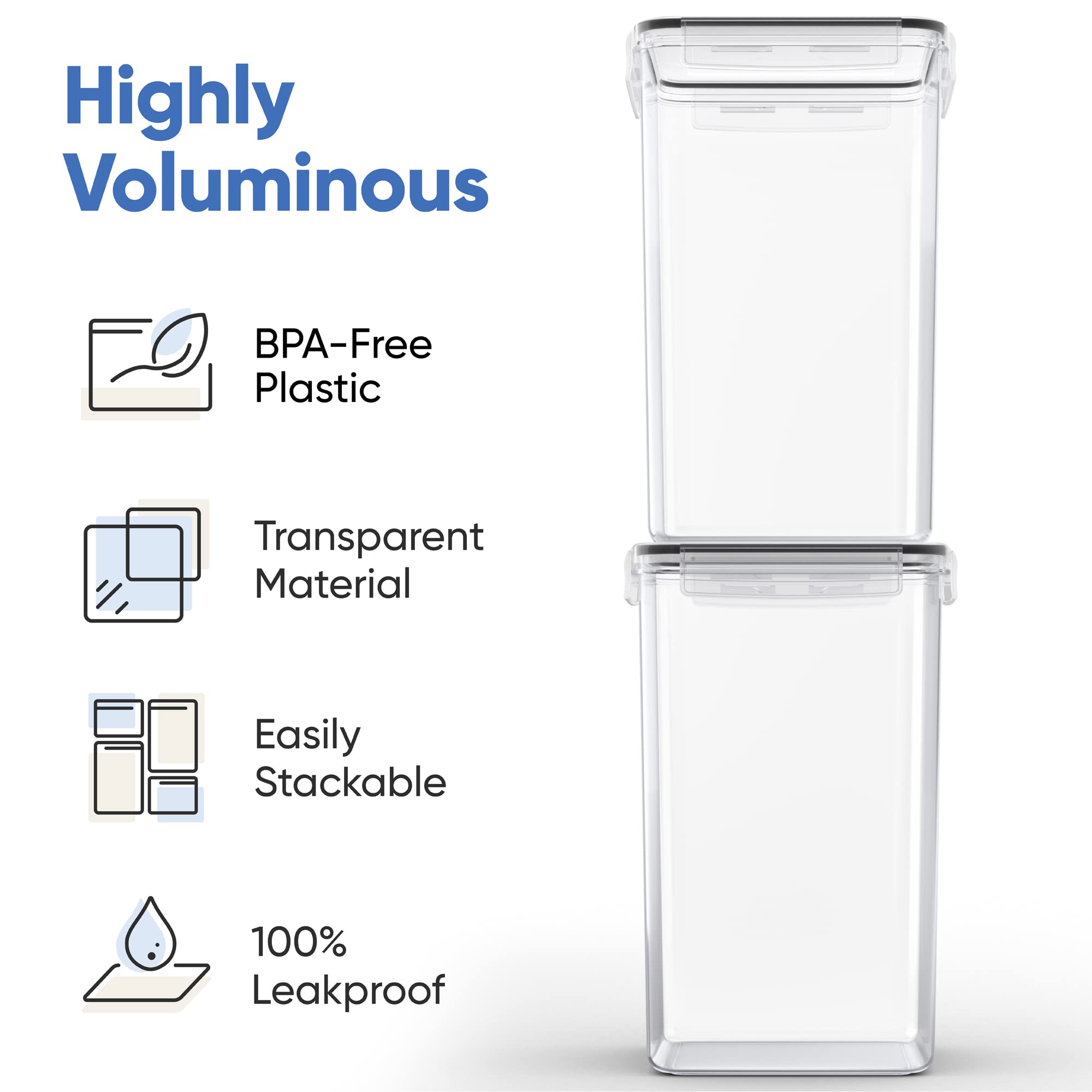 Clear, stackable Chef's Path pantry canisters for easy viewing and space saving.