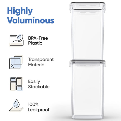 Clear, stackable Chef's Path pantry canisters for easy viewing and space saving.