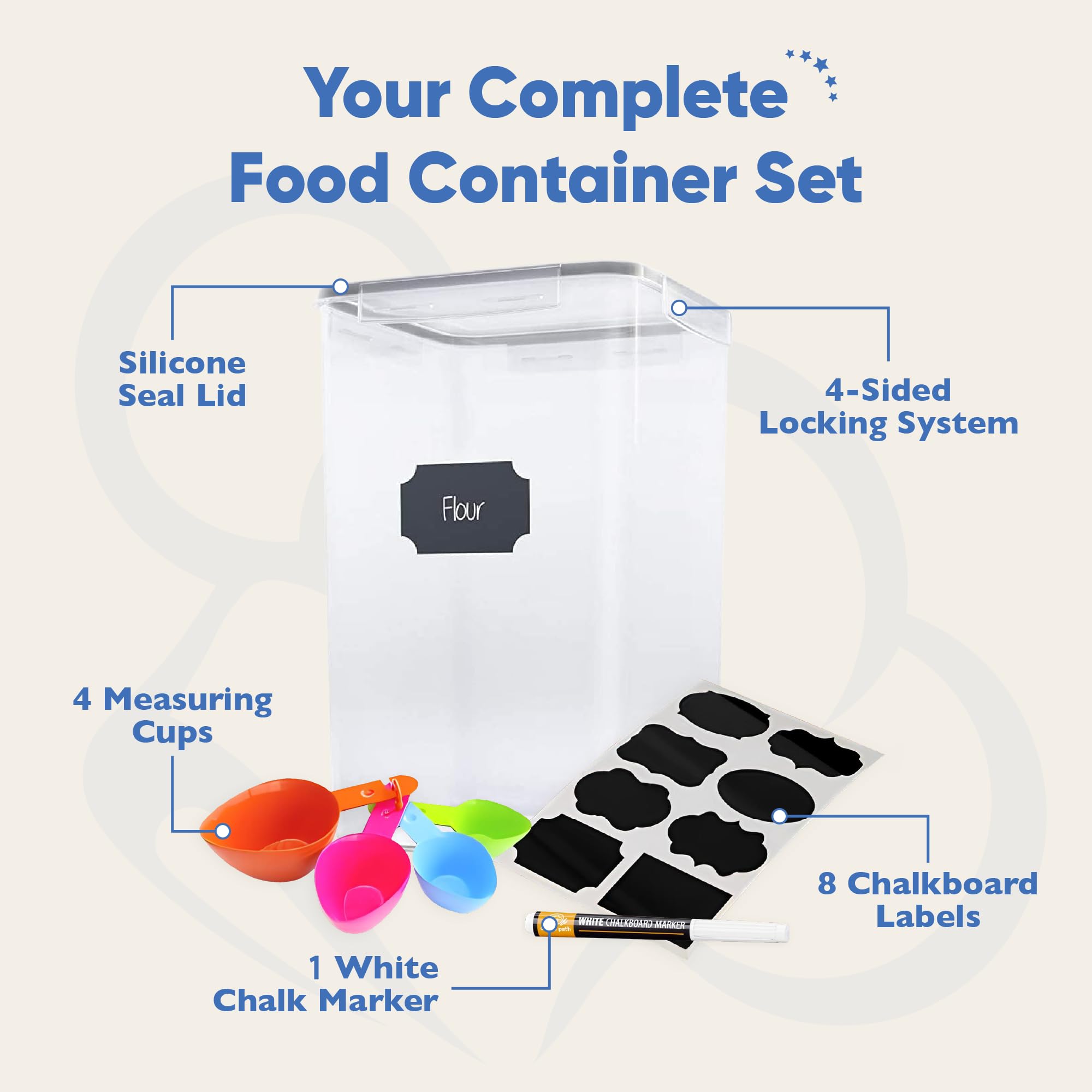 Chef's Path side-locking lids seal out moisture, ideal for flour and sugar storage.