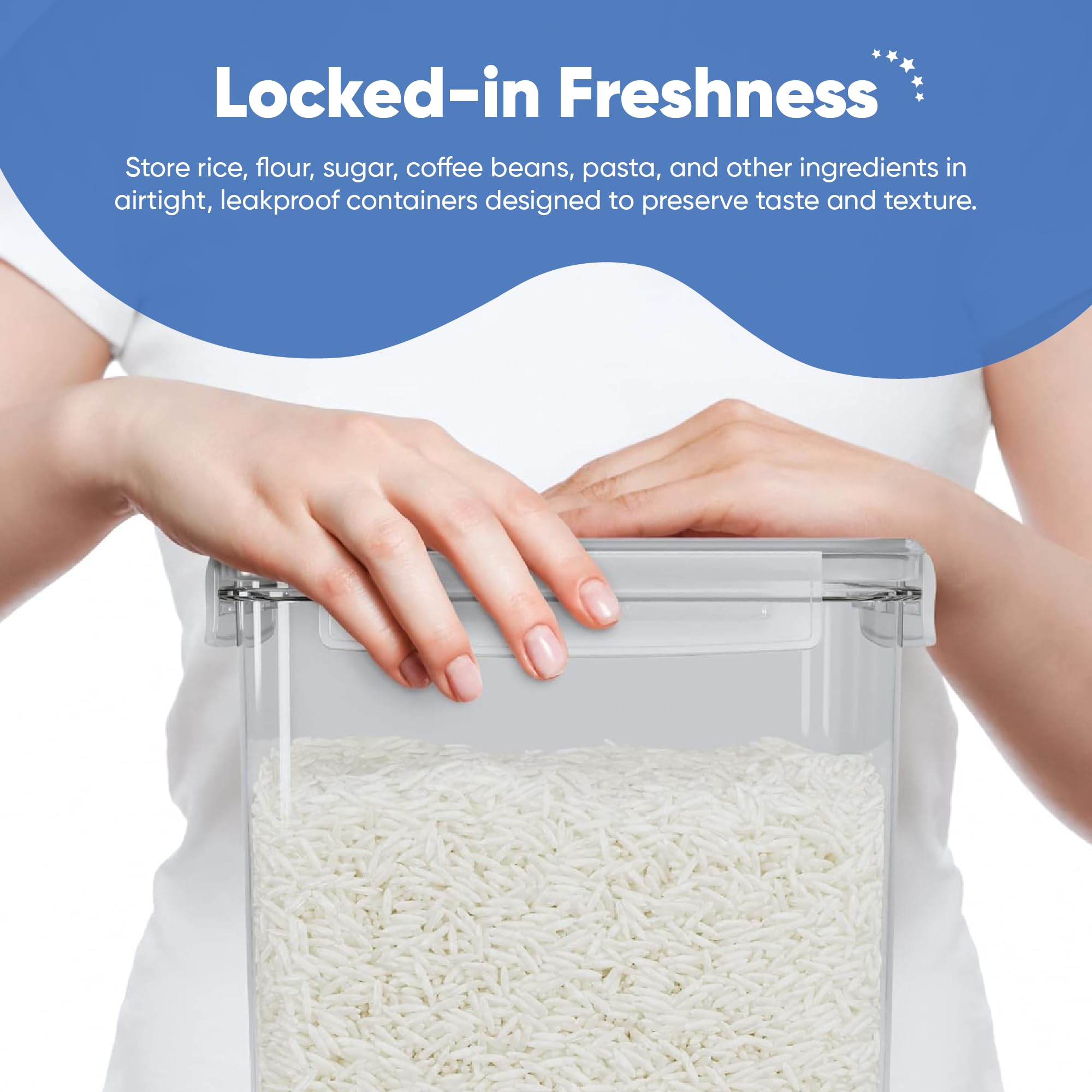 Chef's Path transparent stackable canisters for quick content recognition and organized shelves.