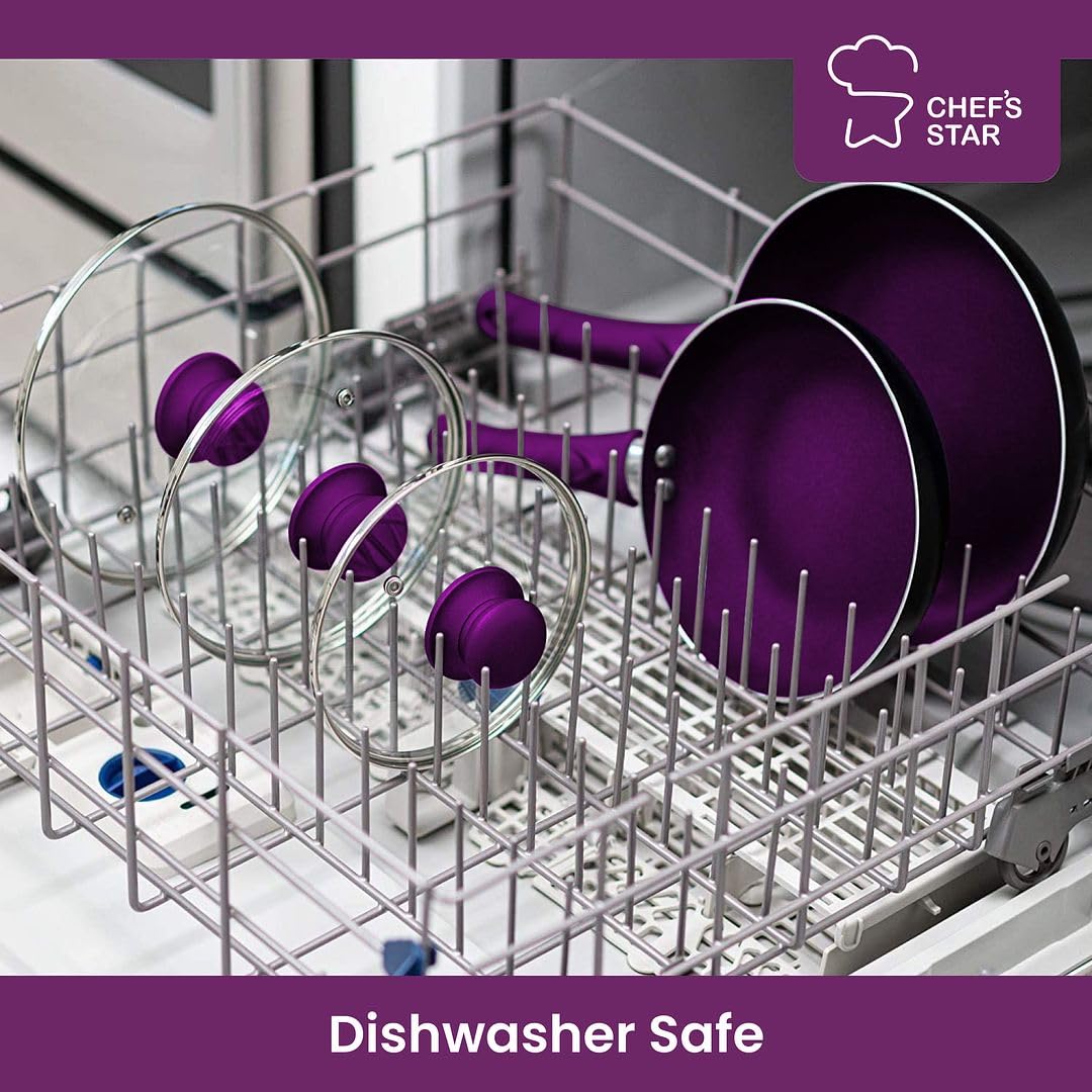 Chef's Star purple cookware set on stove supports gas, electric, induction