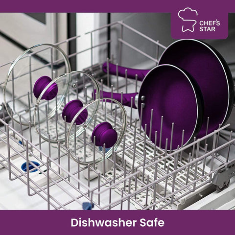 Chef's Star purple cookware set on stove supports gas, electric, induction