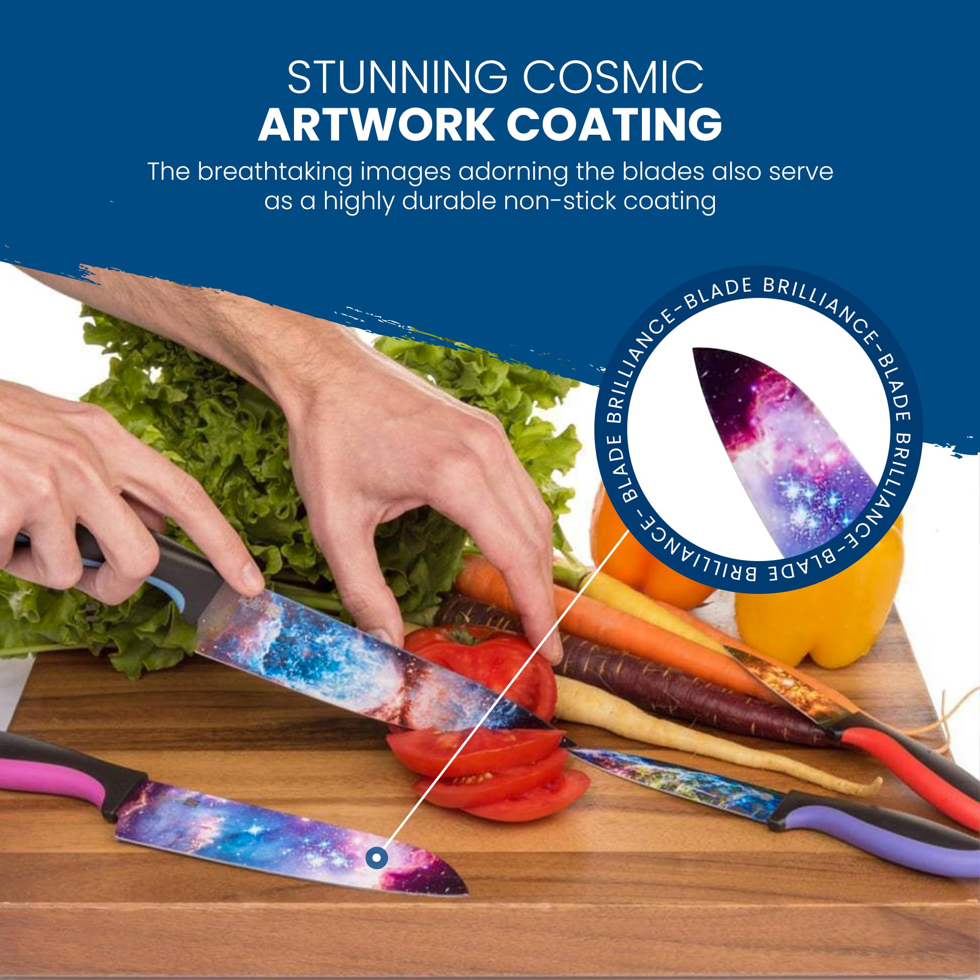 CHEF'S VISION Cosmos knife set ergonomic handle close-up showing comfortable grip for long cooking sessions.