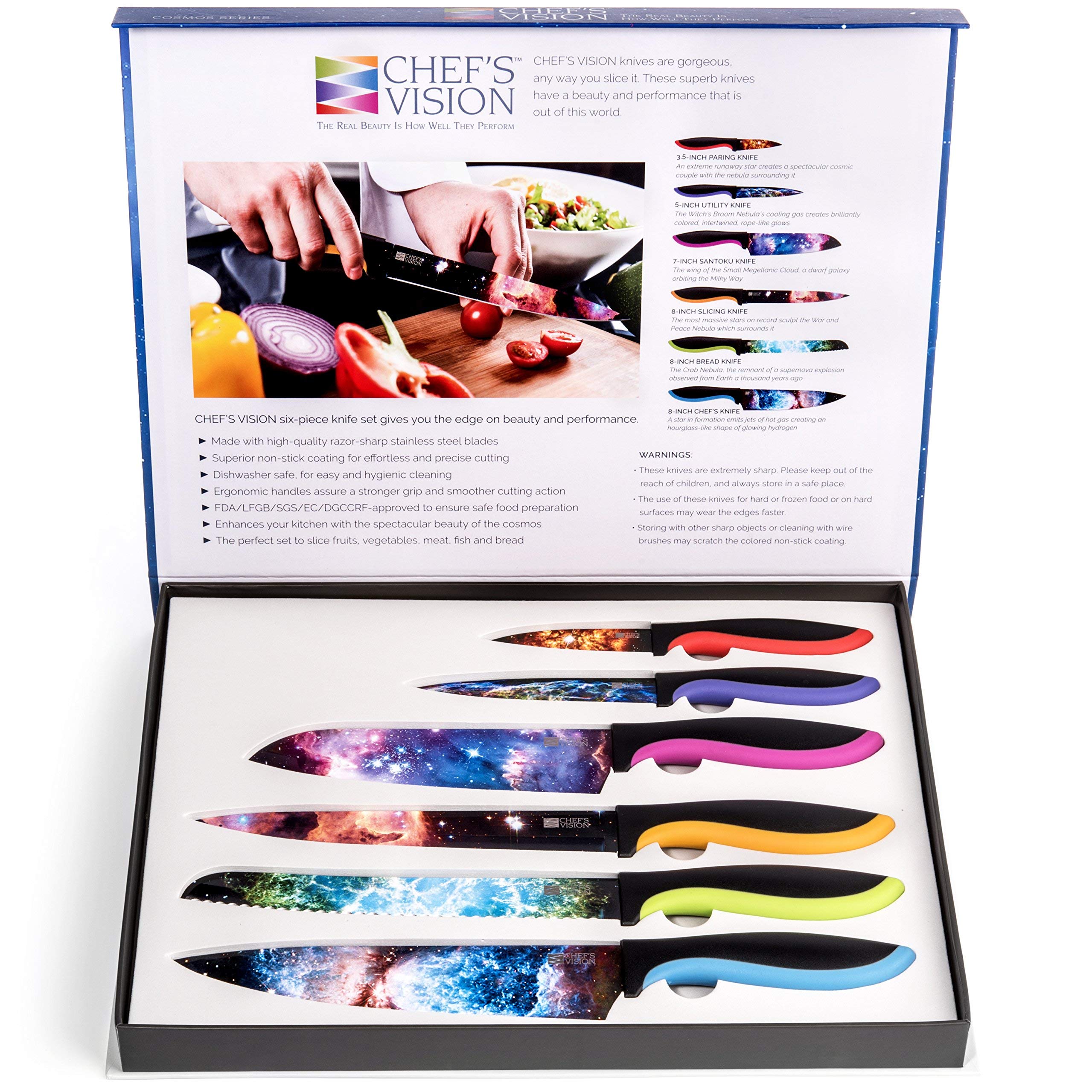 CHEF'S VISION Cosmos blade set supports vegetable slicing and meat carving tasks.