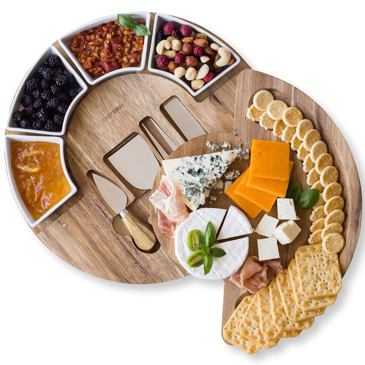 ChefSofi acacia cheese board 13-inch for stylish entertaining and generous shared servings.