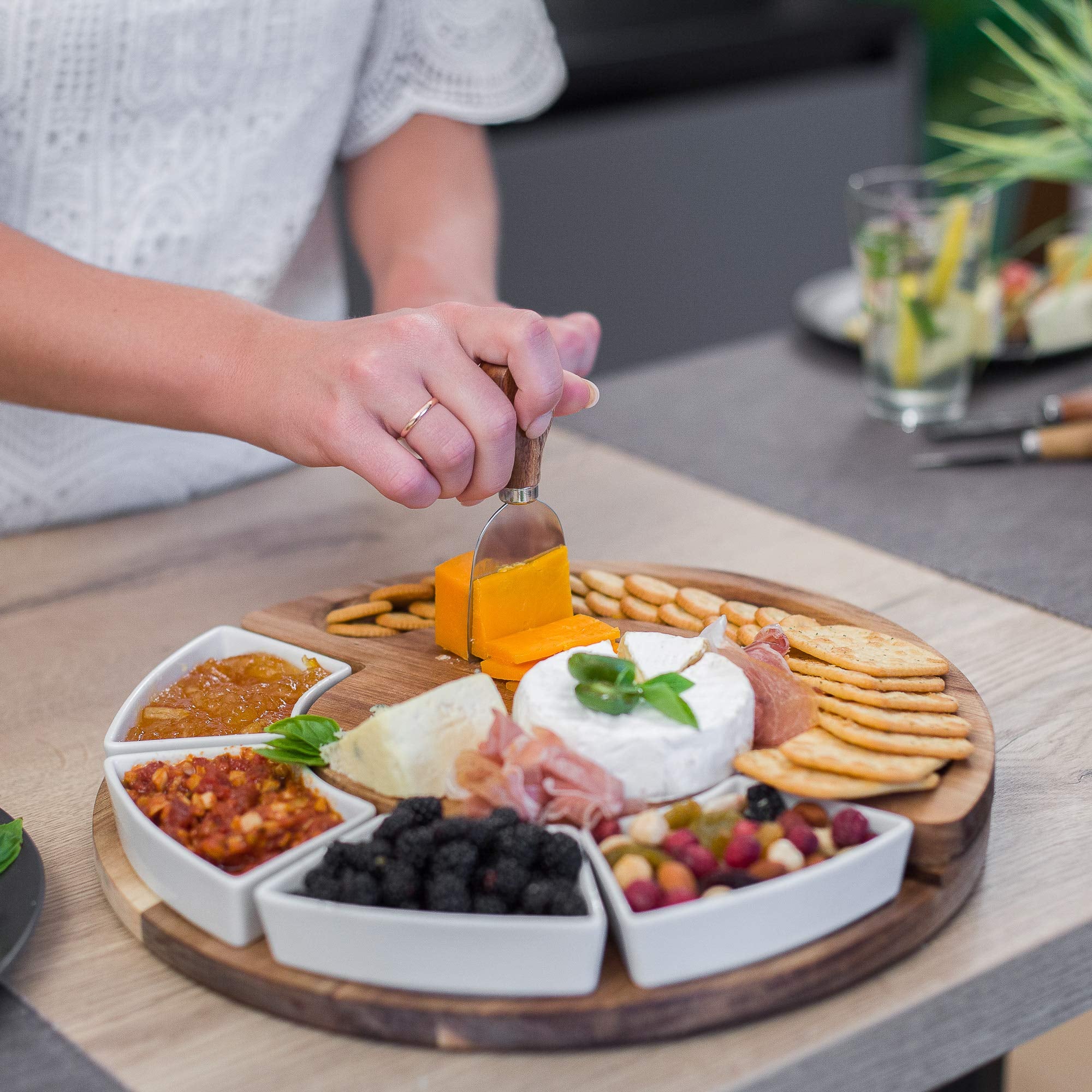 ChefSofi wide 13-inch serving tray fits crackers, cheese, and accompaniments with room to spare.