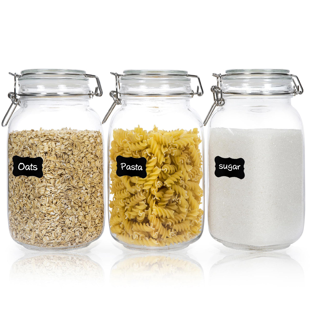 CHEFSTORY 50oz airtight glass jars front view for pantry organization and clear contents.