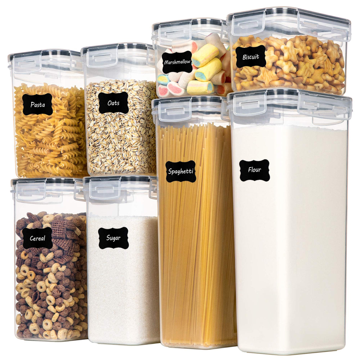 CHEFSTORY airtight containers 8pc set in clear plastic for organized pantry storage.
