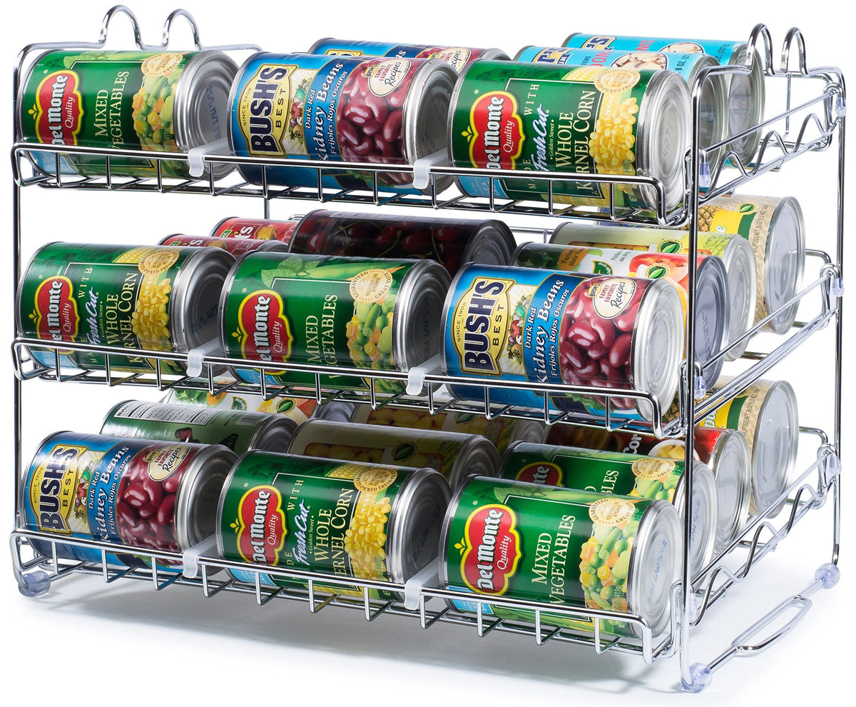 Che'mar can organizer on pantry shelf for easy access to 36 cans