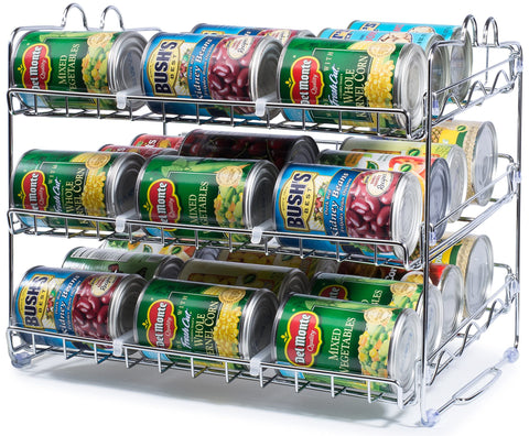 Che'mar can organizer on pantry shelf for easy access to 36 cans