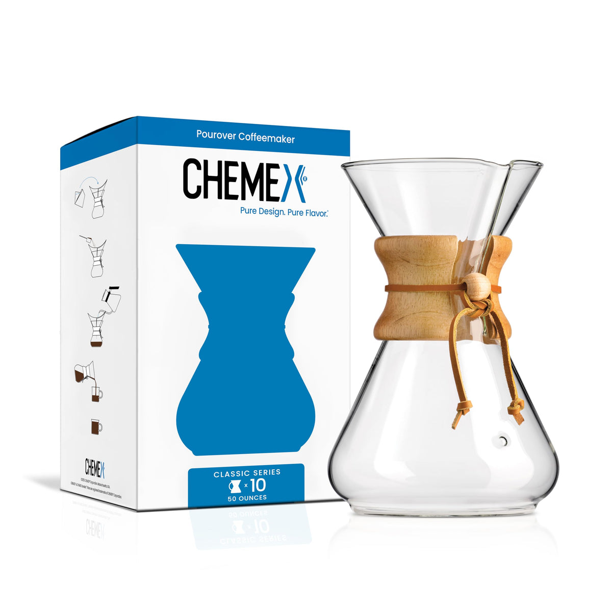 Chemex 10-Cup Pour-Over Glass Coffeemaker showcases a timeless design for smooth, flavorful coffee.
