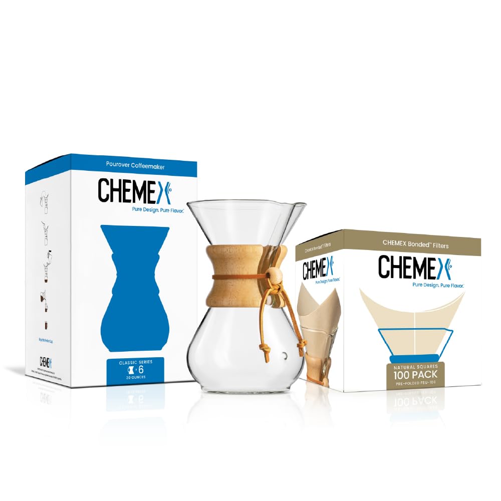 Chemex 6-cup classic coffee maker with timeless design for smooth brews.
