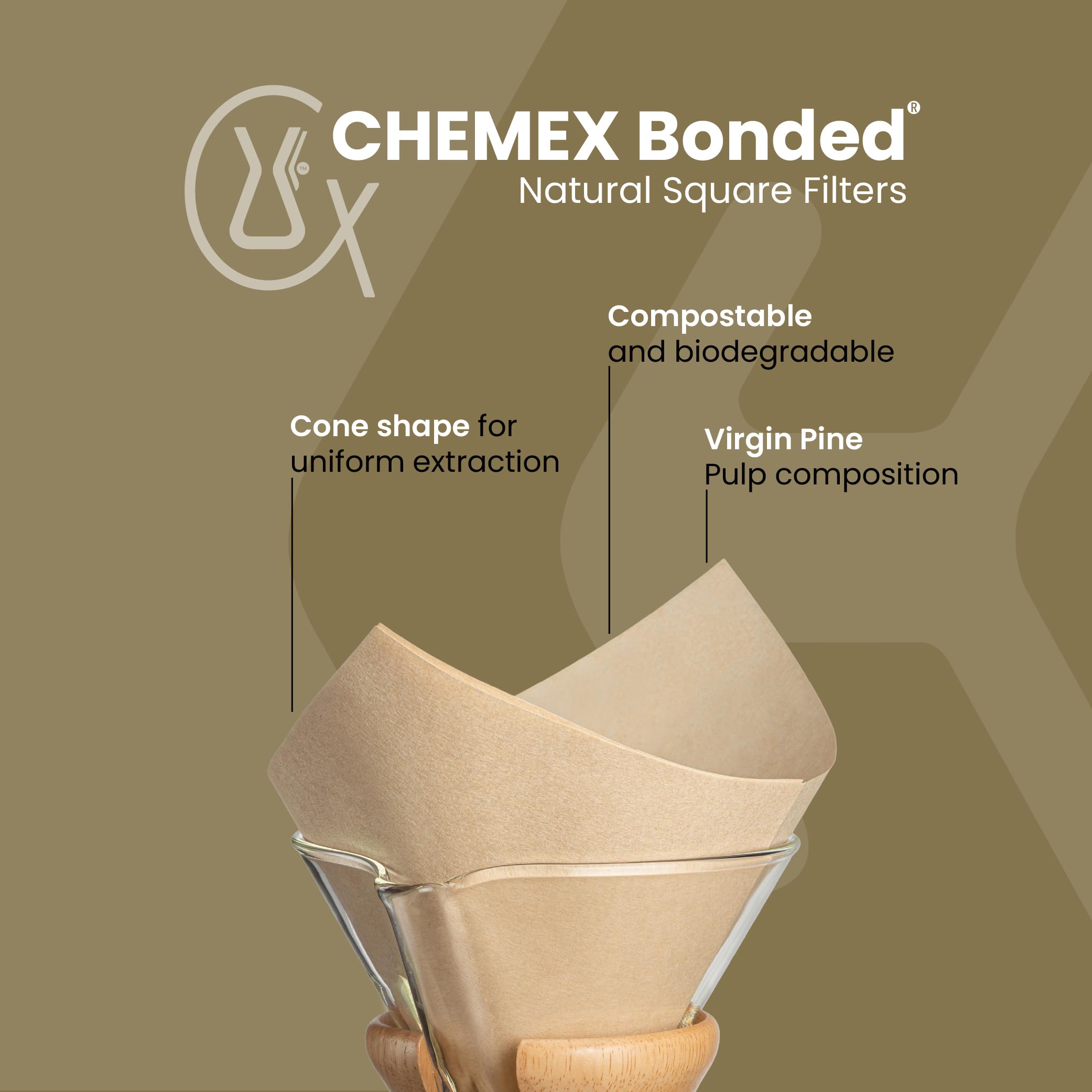 Chemex Bonded Filter natural square 100ct closeup shows thicker fibers for cleaner pours.