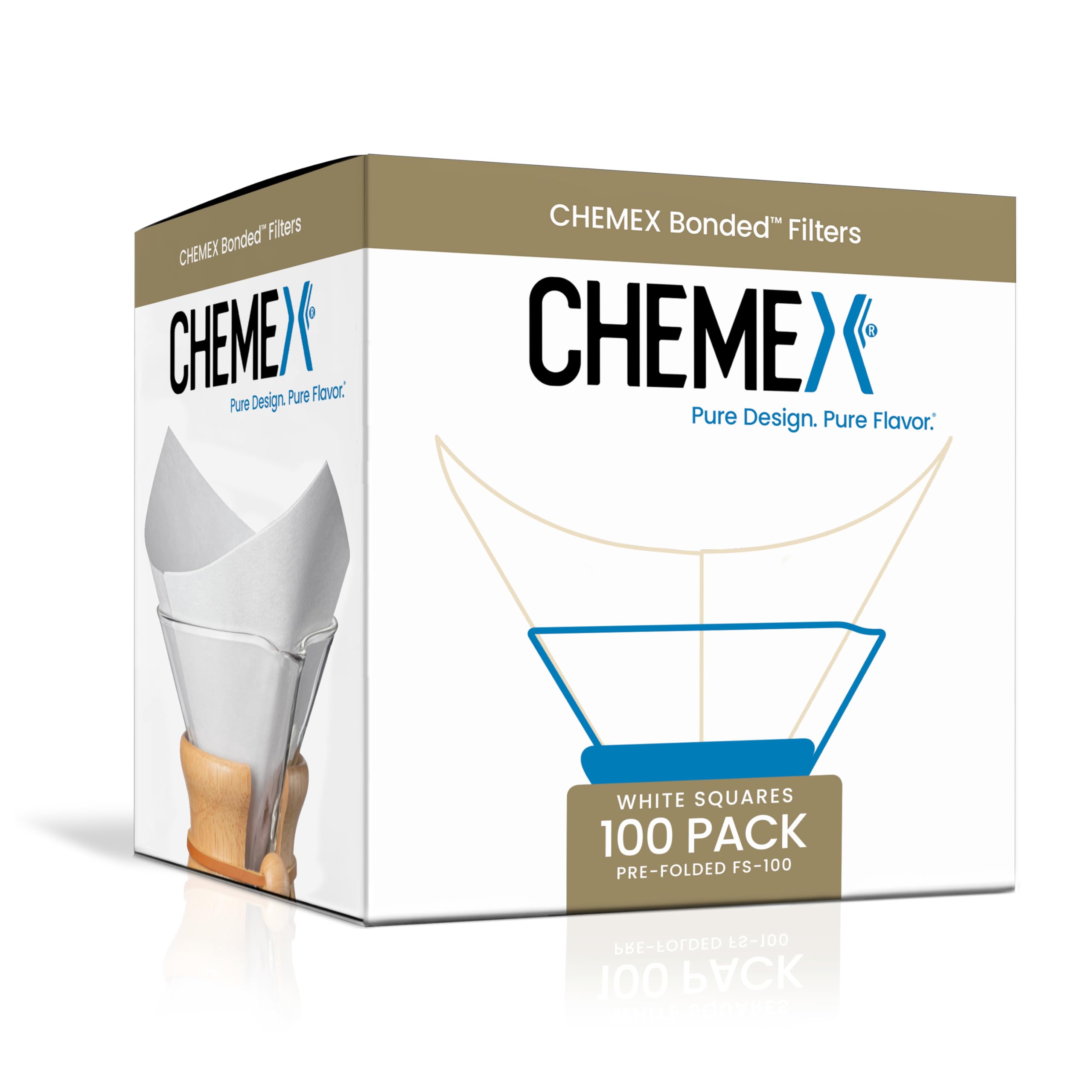 Chemex Bonded Filter square 100 ct packaging closeup shows premium packaging for home brewers