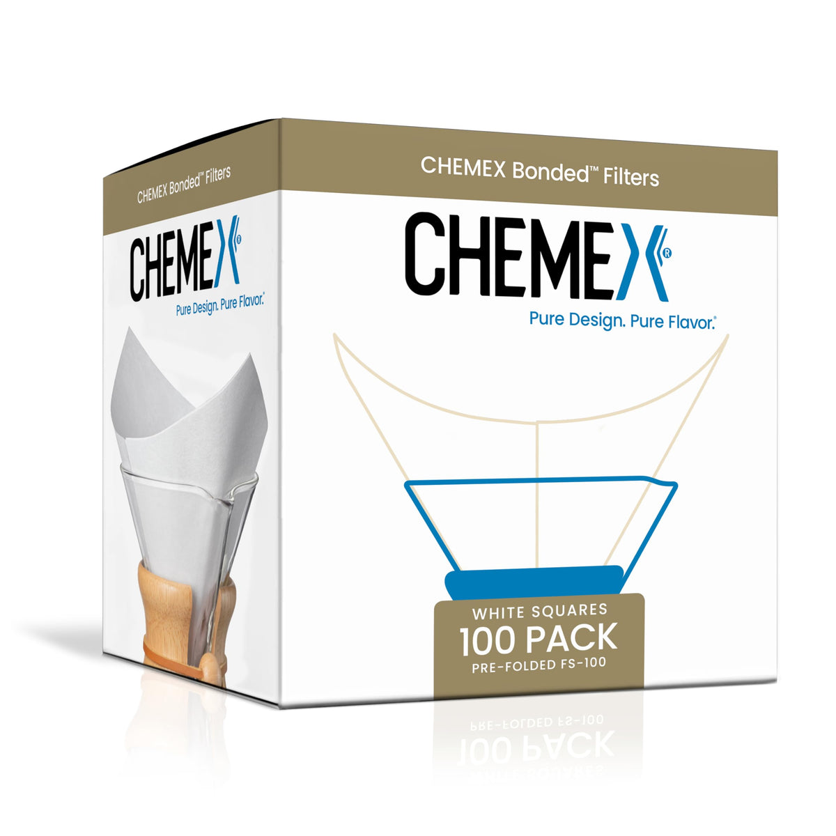 Chemex Bonded Filter square 100 ct packaging closeup shows premium packaging for home brewers