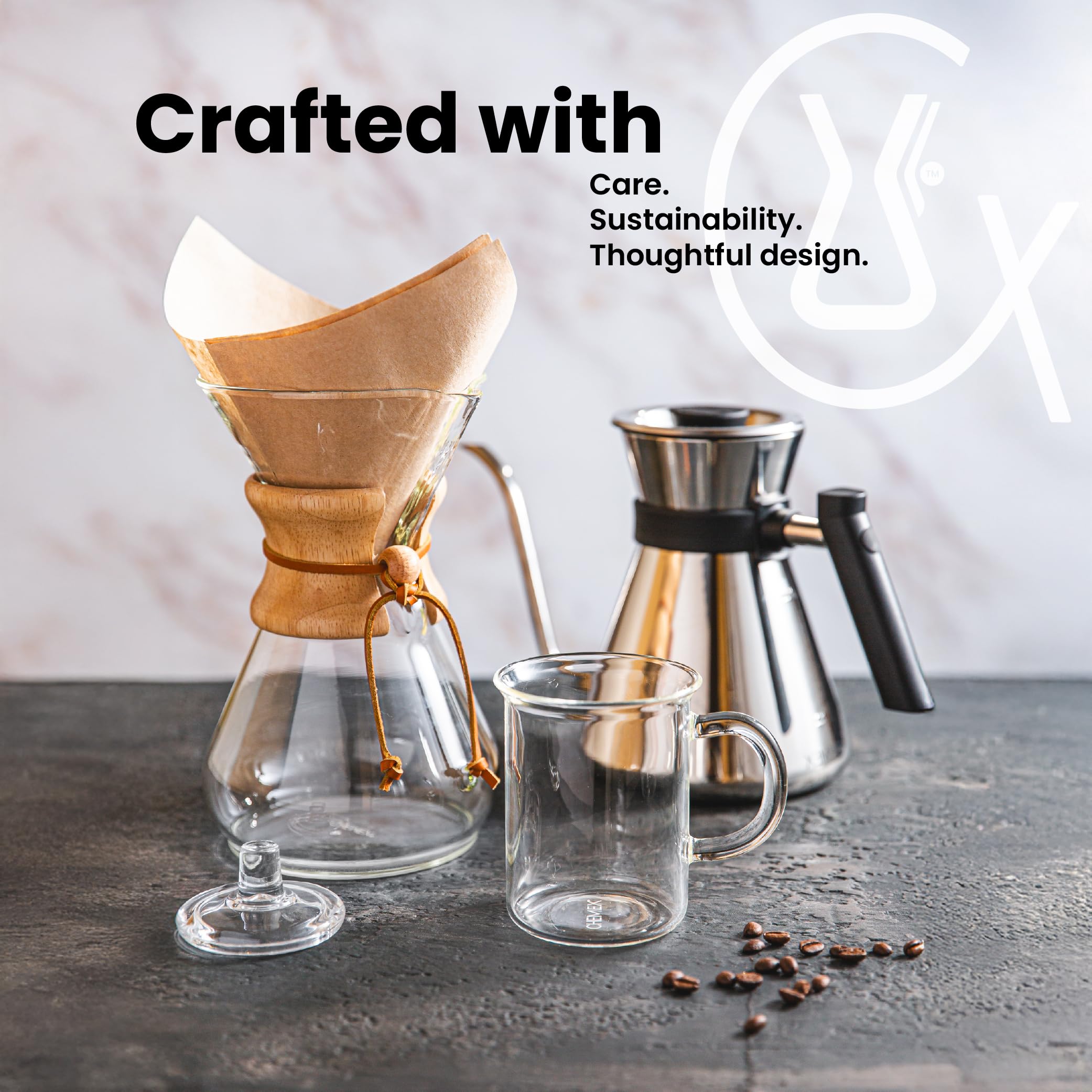 Chemex Classic 8-Cup filter setup image reminds you of compatible CHEMEX filters