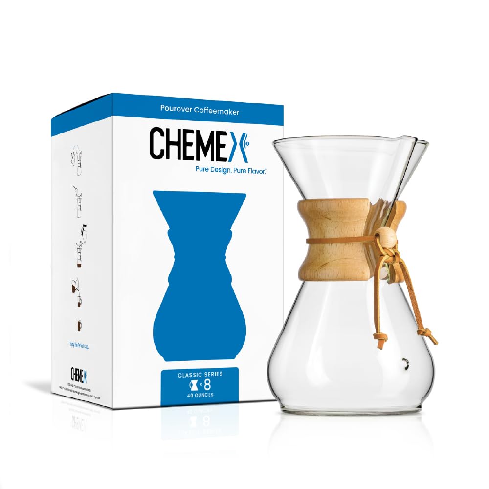 Chemex Classic 8-Cup pour image showcases the elegant pour-over setup for balanced, flavorful coffee