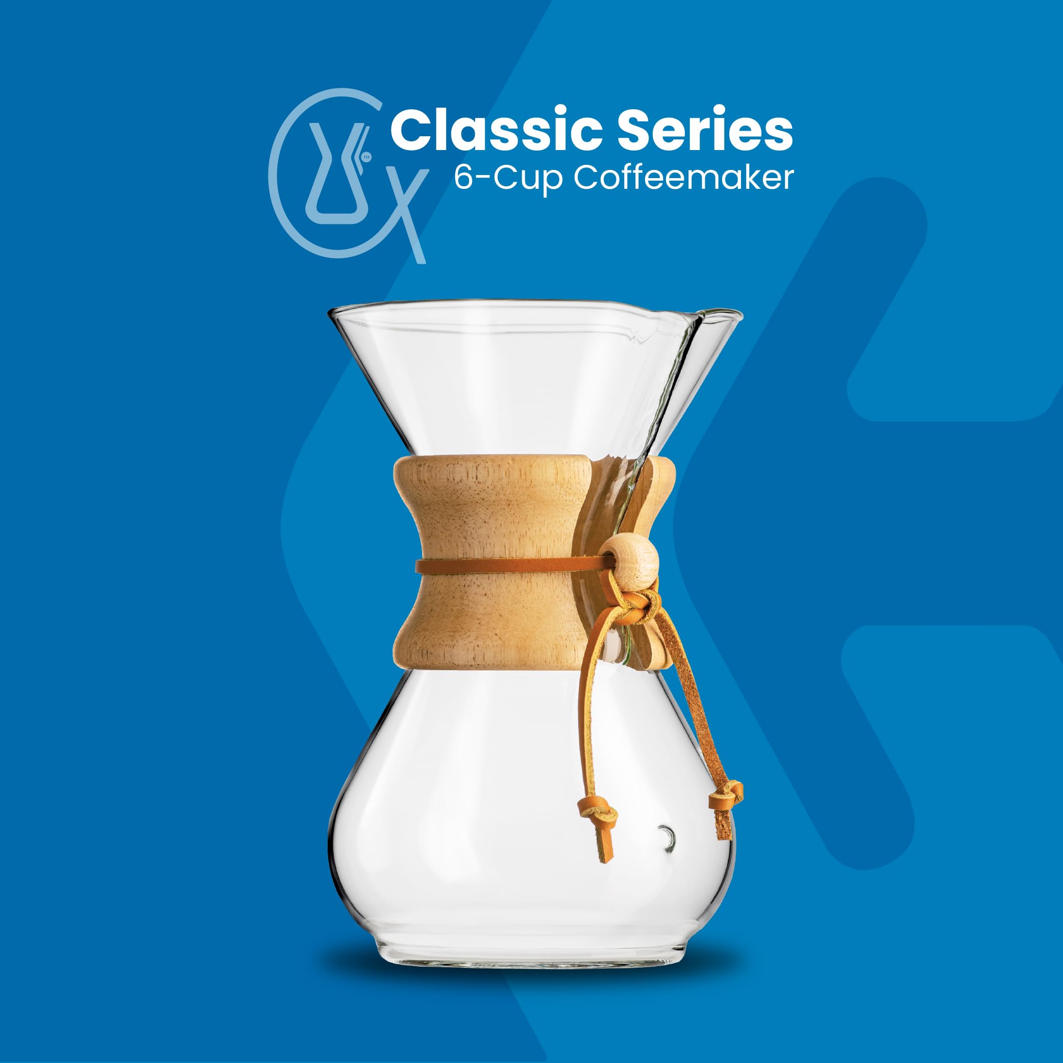 Chemex classic glass carafe close-up highlights non-porous borosilicate for clean flavors.