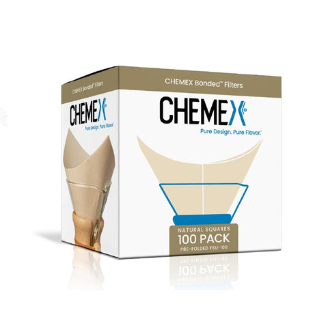 Chemex natural square filters in exclusive packaging for a crisp, clean brew.