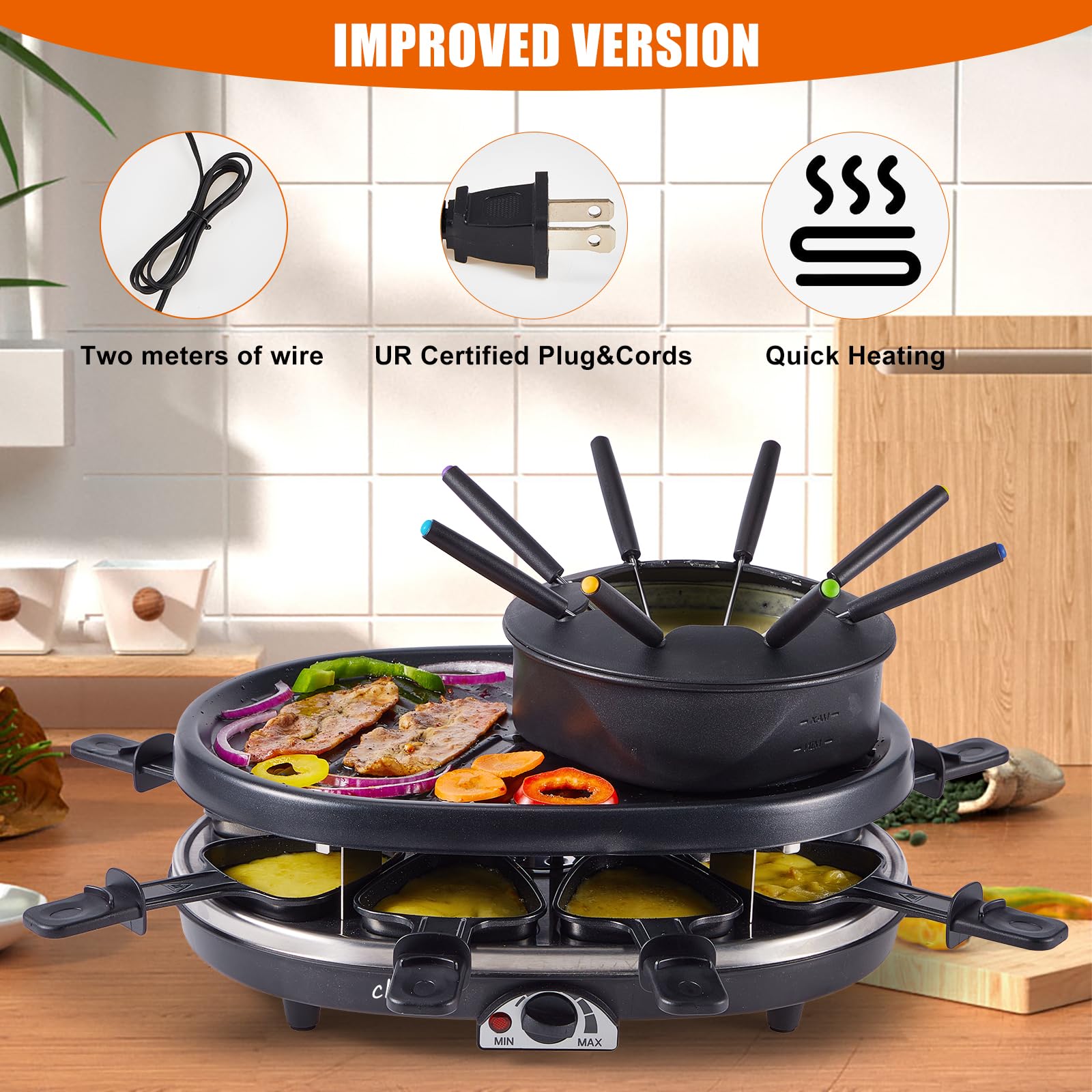 CHENDY eight fondue forks and pans arranged for eight guests