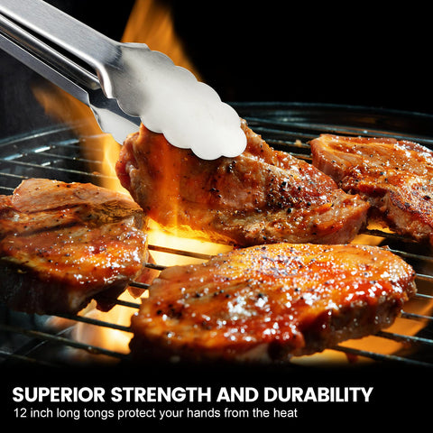 Chengu locking kitchen tongs with clip for secure storage.