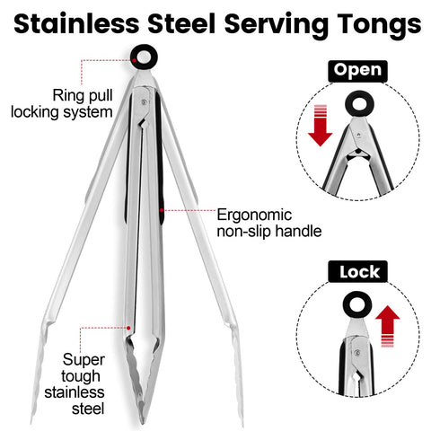 Chengu 12-inch stainless steel tongs perfect for grilling and flipping.