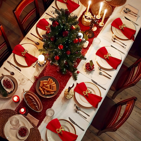CHENGU wedding dinner table styling with bow napkin rings and red napkins