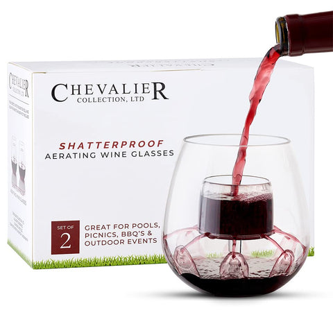 Chevalier Collection shatterproof wine glass with built-in aerator, ideal for outdoor tastings.
