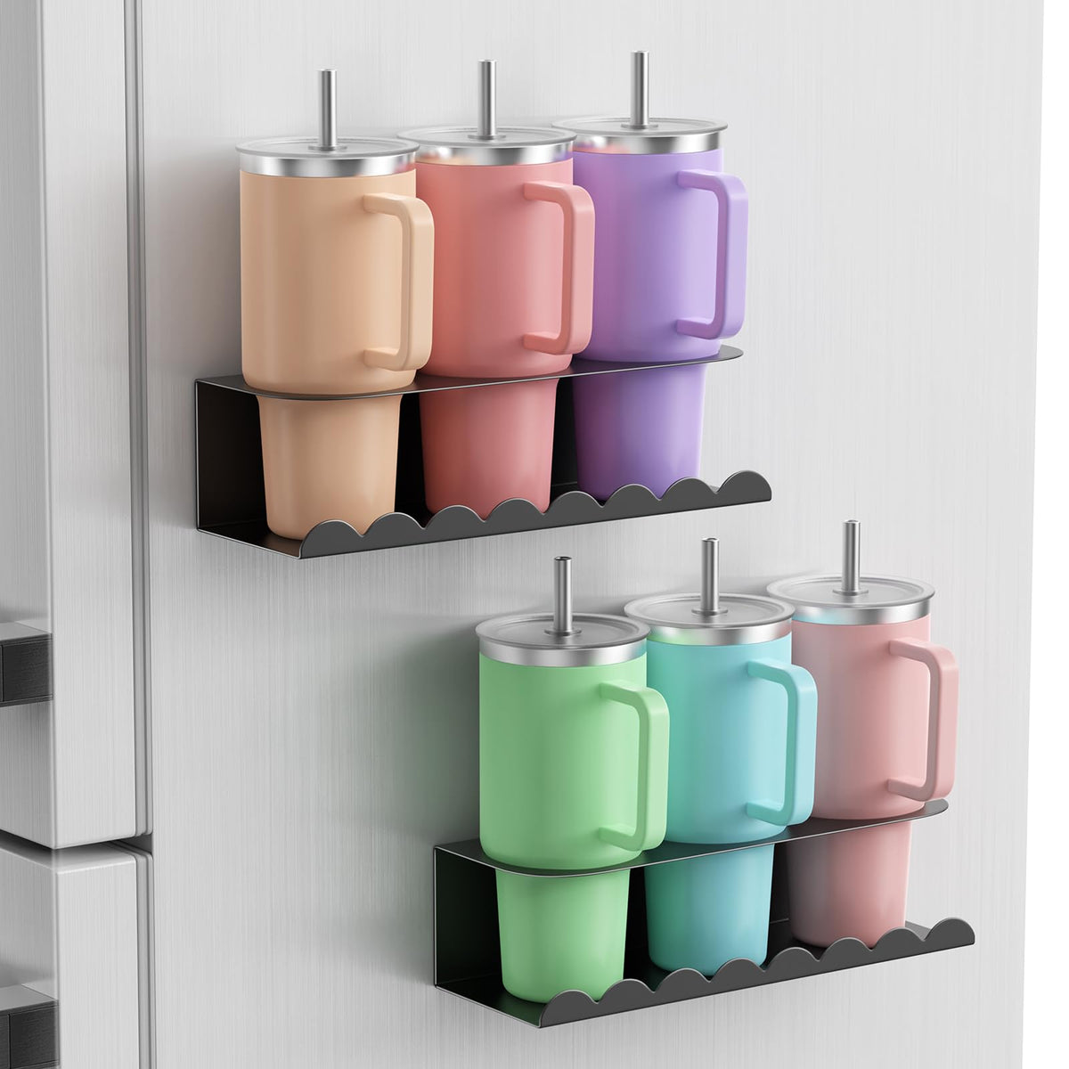 Chewlish 2-pack magnetic cup holder on fridge keeps Stanley cups within reach.