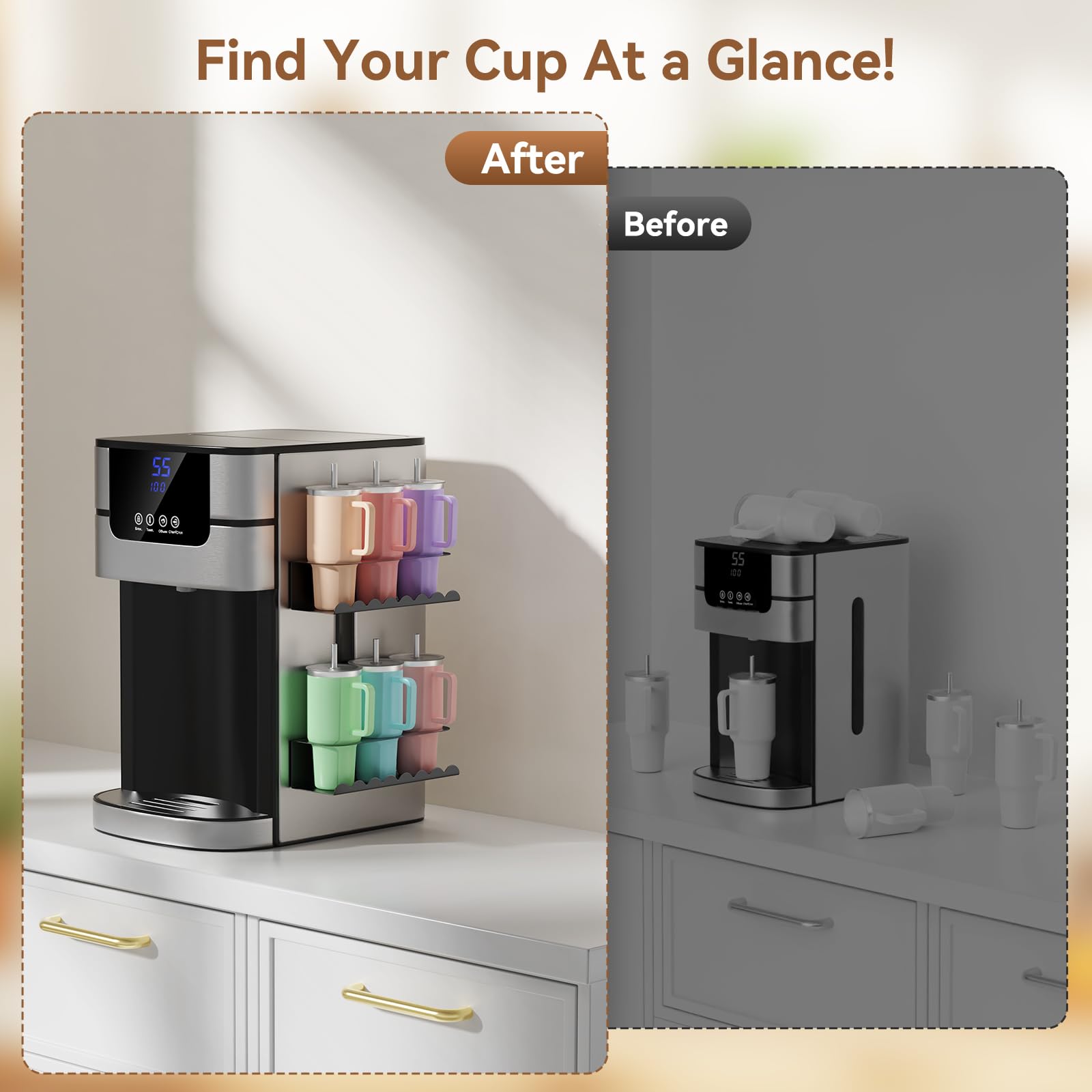 Chewlish water bottle organizer expands storage on cabinets and appliances.