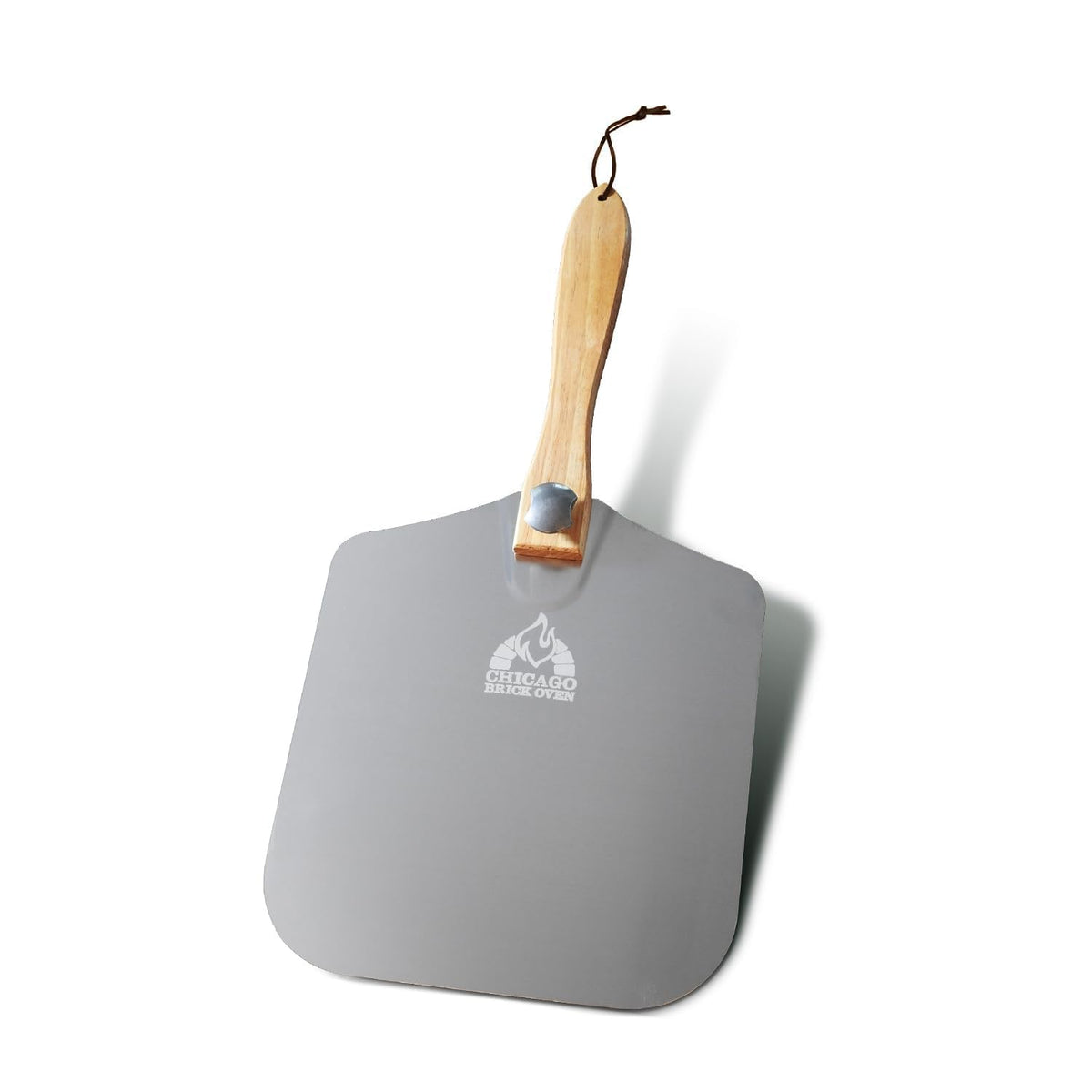 Chicago Brick Oven 12x14 pizza peel with foldable wooden handle for easy oven maneuvering.