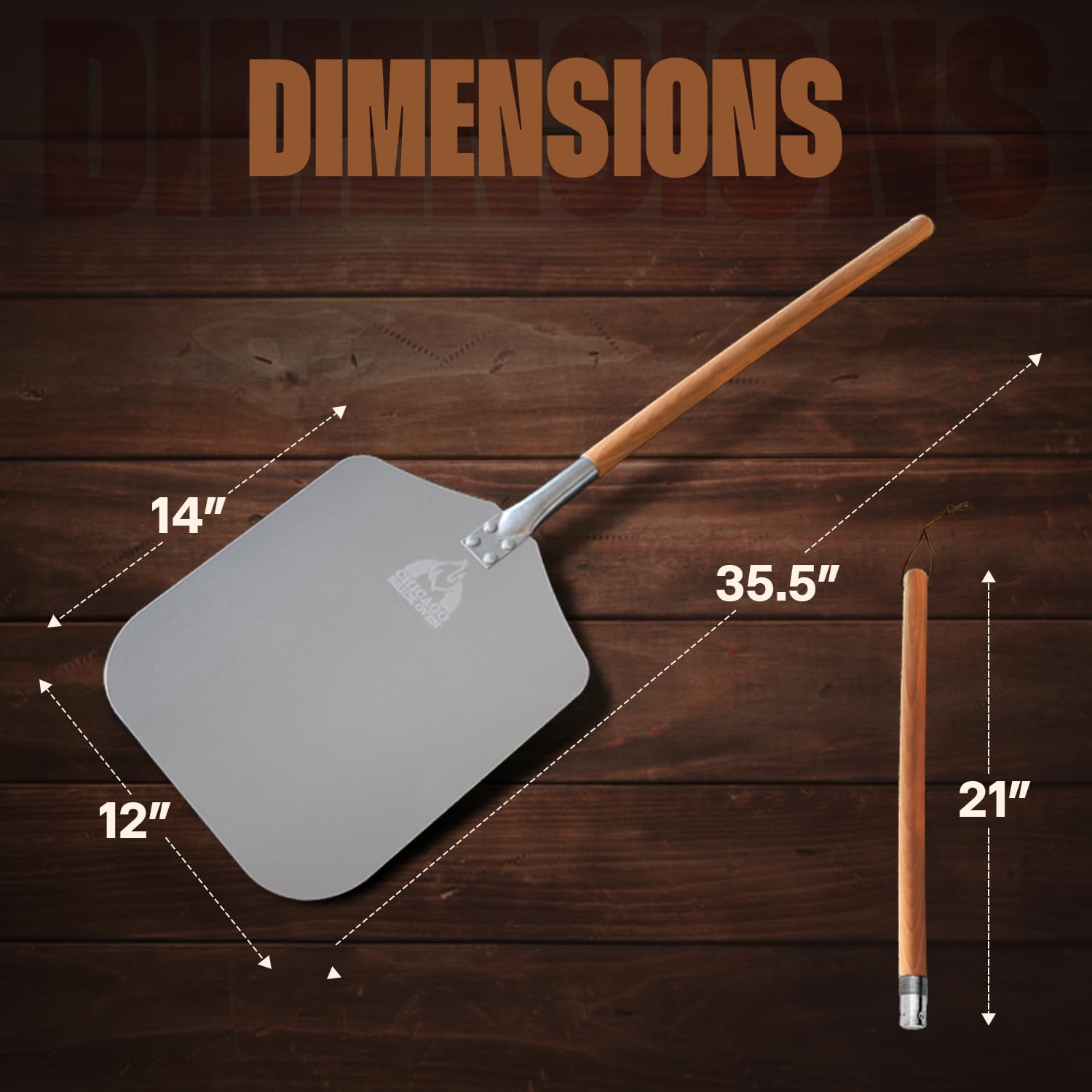 Chicago Brick Oven pizza peel with detachable handle for safer, longer reach.