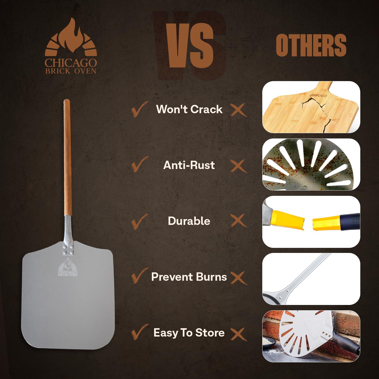 Chicago Brick Oven pizza peel total length 35.5 inches adds reach for larger ovens.