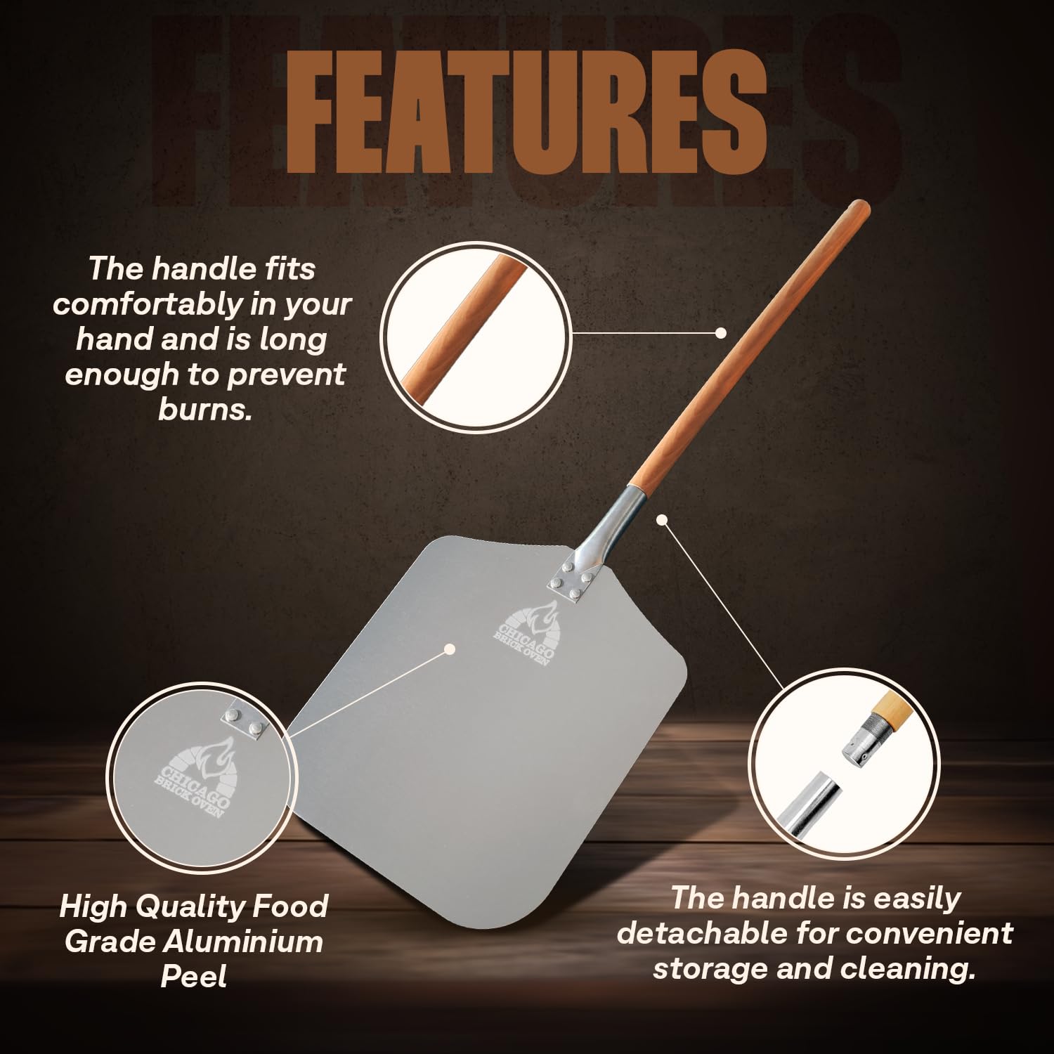Chicago Brick Oven pizza peel wooden handle extension offers balance during transfers.