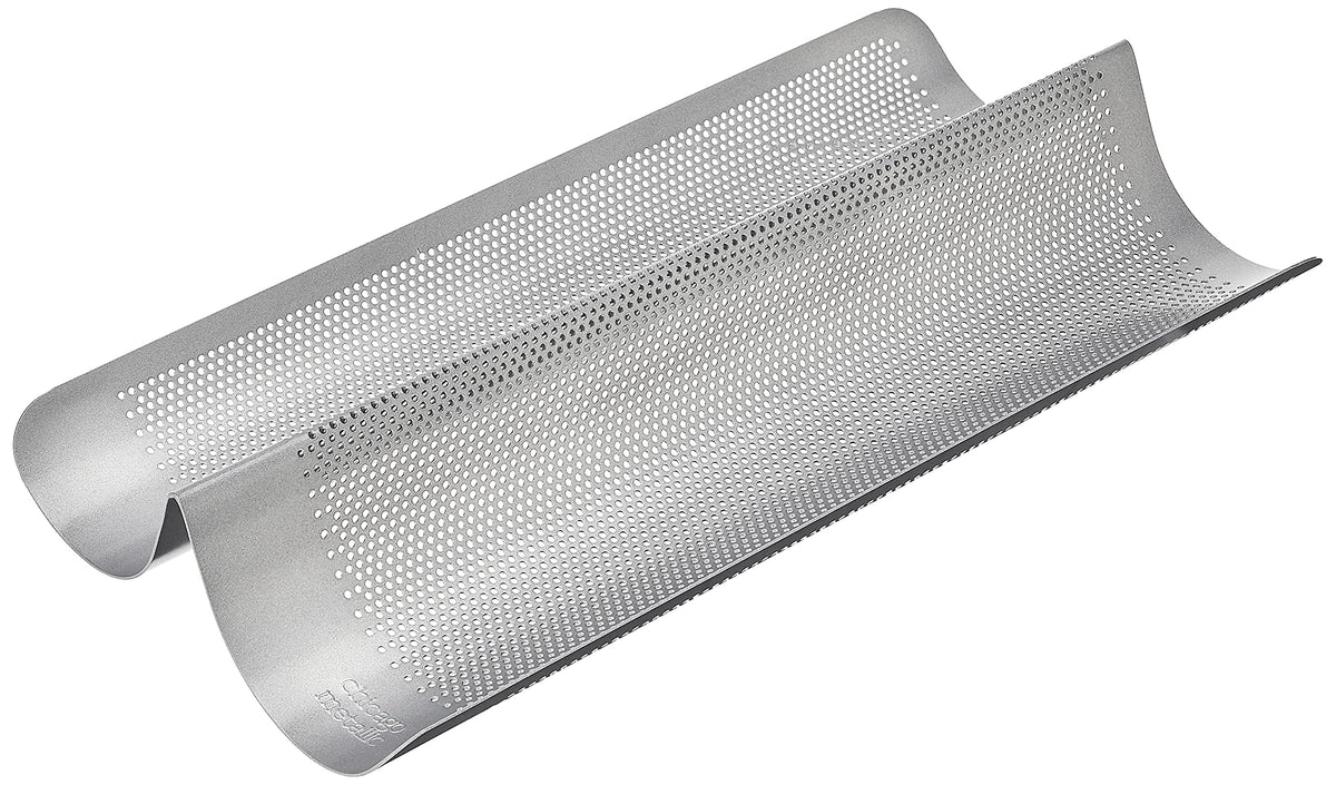 Chicago Metallic Commercial II perforated French bread pan top view highlighting air circulation for an even crust.