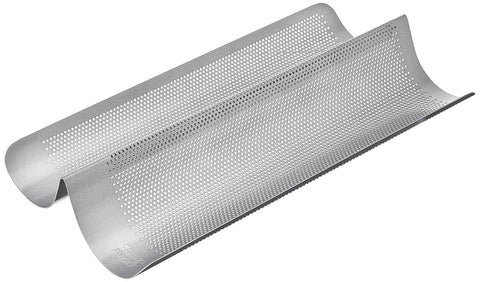 Chicago Metallic Commercial II perforated French bread pan top view highlighting air circulation for an even crust.