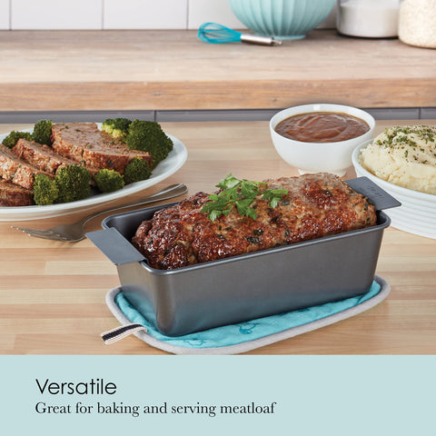 Chicago Metallic lift-and-serve feature lets you present meatloaf effortlessly.