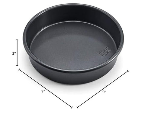 Oven-safe round pan suitable for layer cakes.