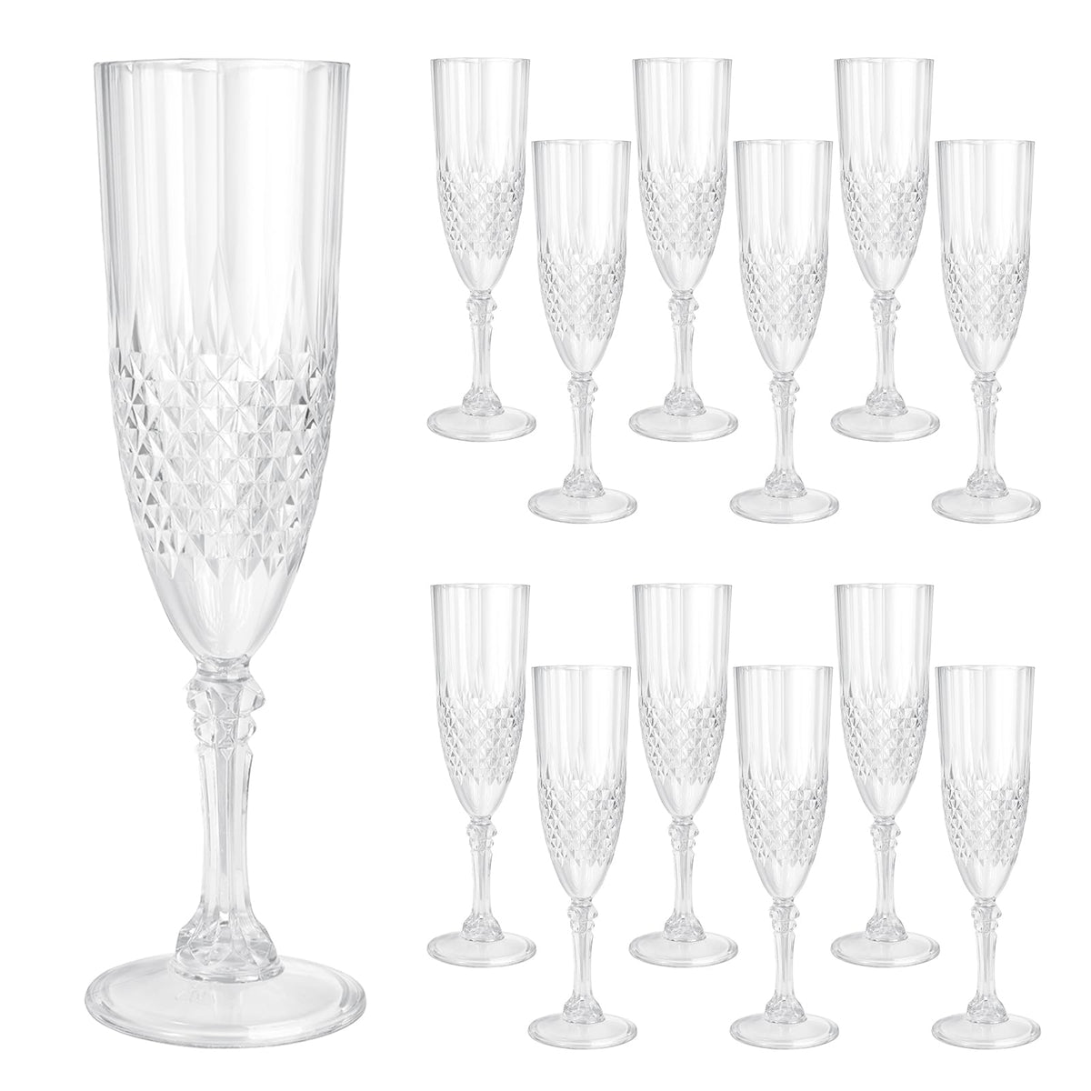 CHICERA 12-pcs plastic champagne flutes with crystal texture for weddings and celebrations.