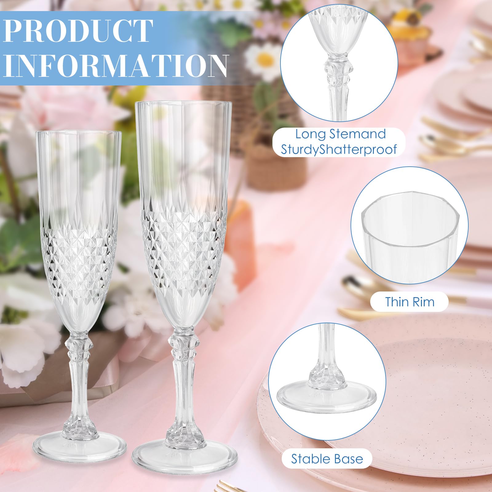 CHICERA stemmed BPA-free plastic glasses highlight champagne shine at events.