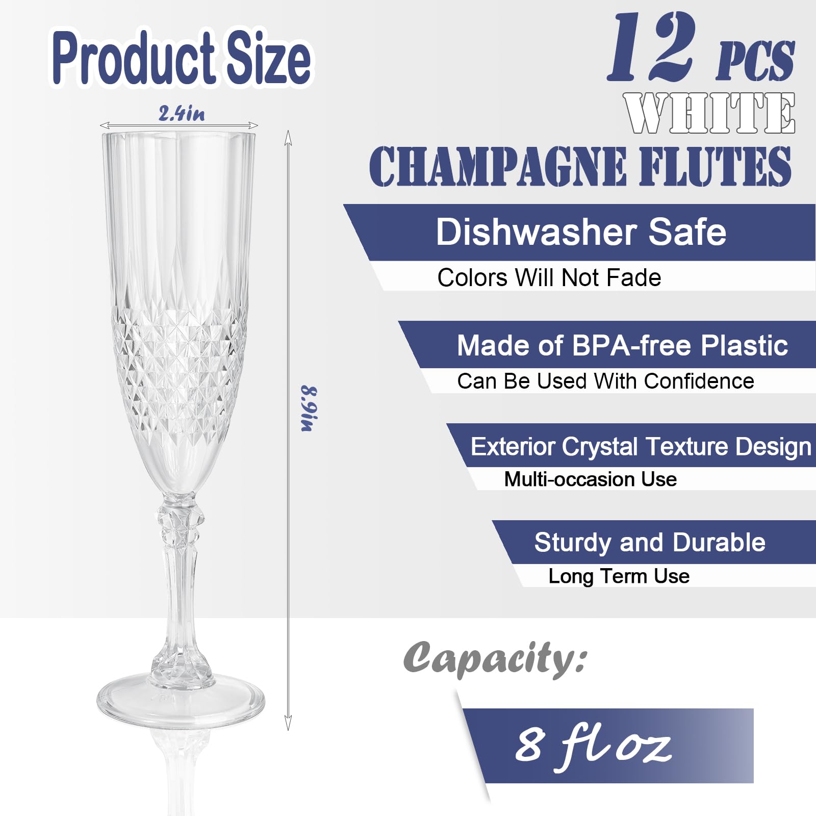 CHICERA white crystal design champagne glasses with stems for elegant toasts.