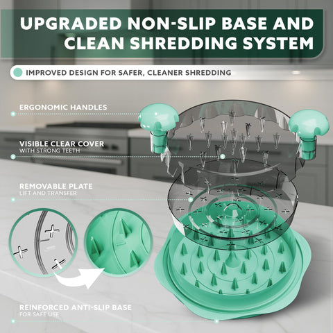 Detachable plate facilitates quick transfer of shredded meat.