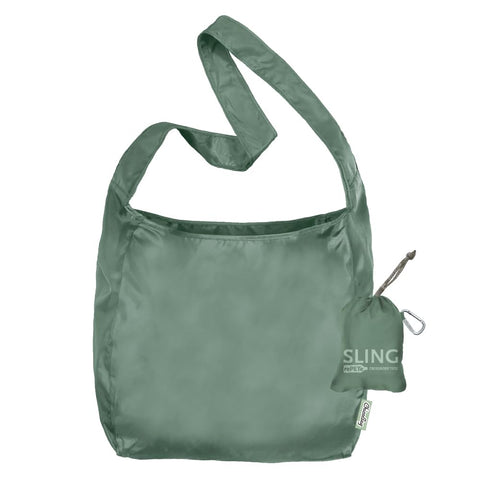 ChicoBag Sling rePETe Refine sage bag folded in built-in pouch for compact storage
