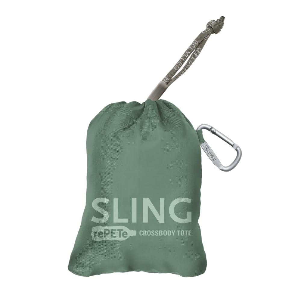 ChicoBag Sling rePETe Refine sage bag worn as a crossbody for hands-free daily carry