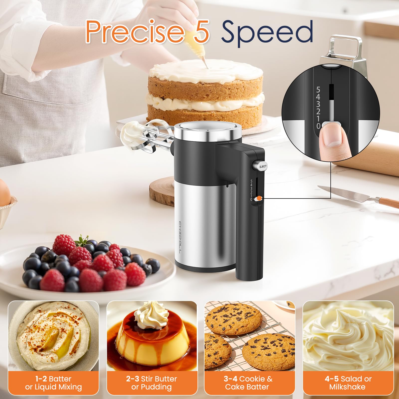 CHIDOLL one-touch eject button for quick, mess-free attachment changes.