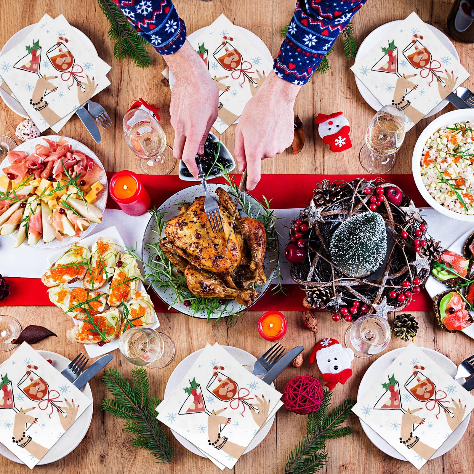 Chiisong Christmas Cheers napkins arranged for a festive ready-set table