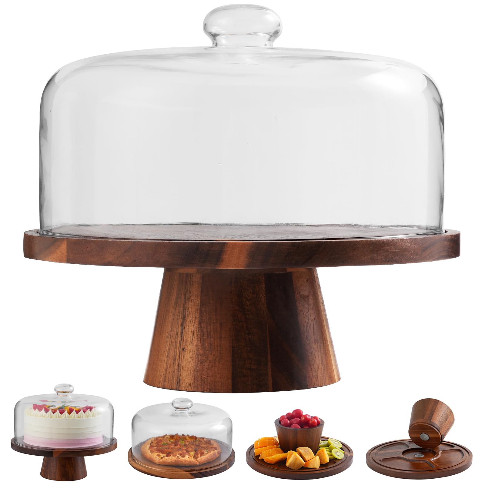ChilkukUie acacia wood cake stand with glass dome showcases desserts elegantly