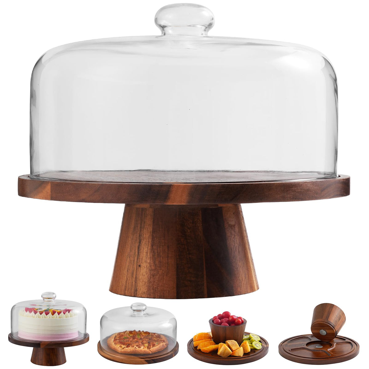 ChilkukUie acacia wood cake stand with glass dome showcases desserts elegantly